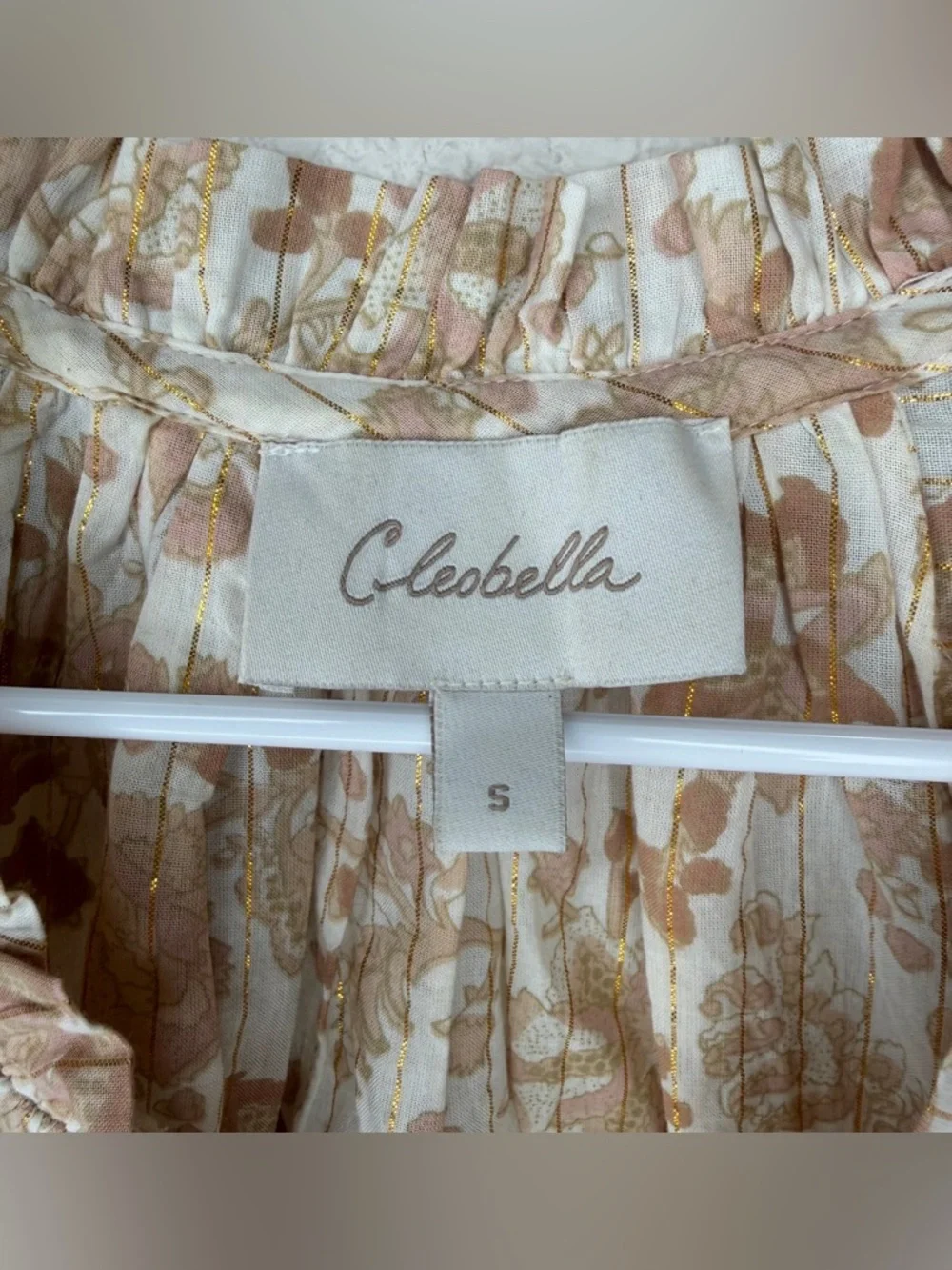 Cleobella Tan Metallic Stripe Floral Puff Sleeve Blouse Size Small Gold Cream - Picture 3 of 8
